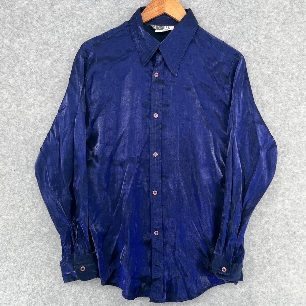 Vintage 70s Disco Shirt Blue/Purple Men's Size 2 16/17 Shiny Dagger Collar Rayon
